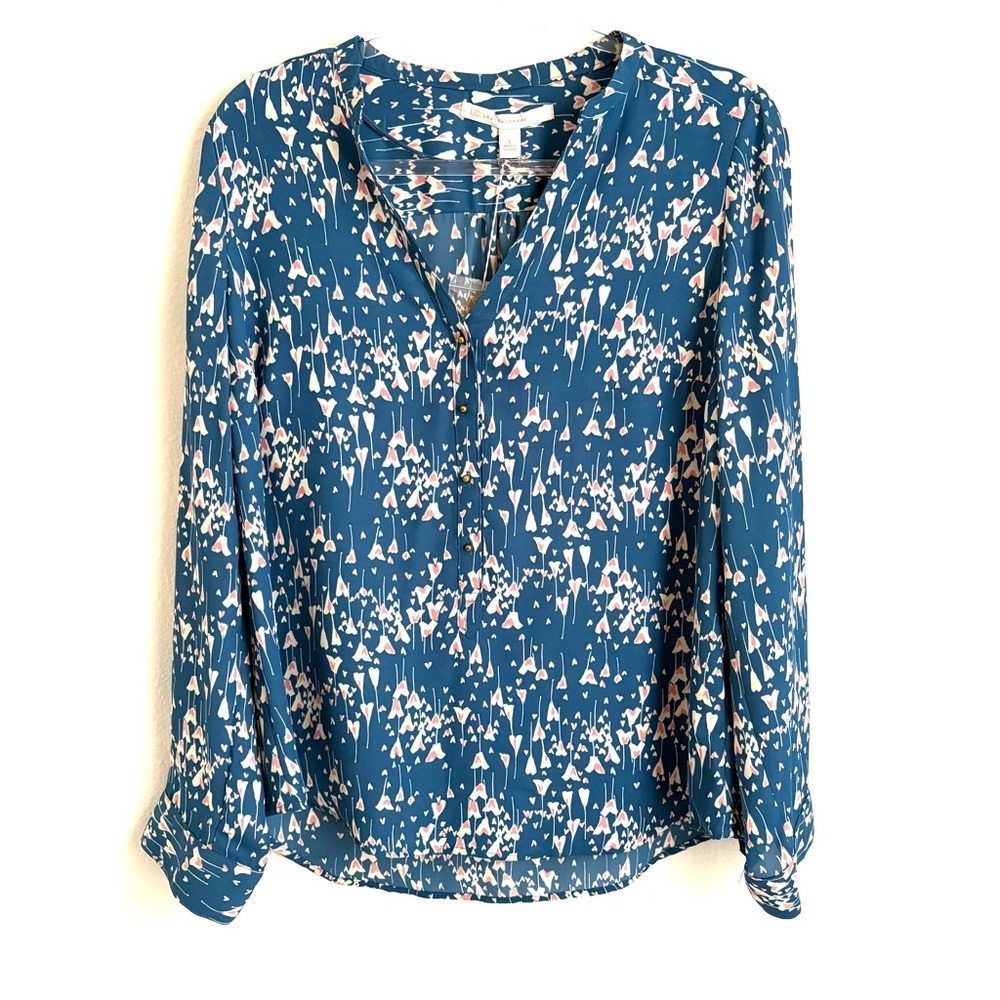 LC Lauren Conrad | NWT Turquoise Blue Pink Abstract Floral V Neck Blouse Size L